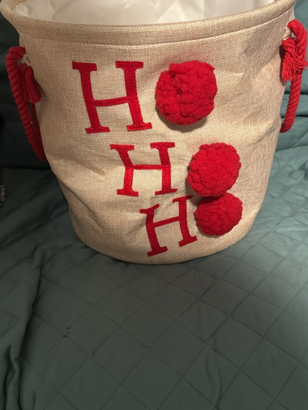 Ho Ho Ho Holiday Storage Basket - Red Pom Accents